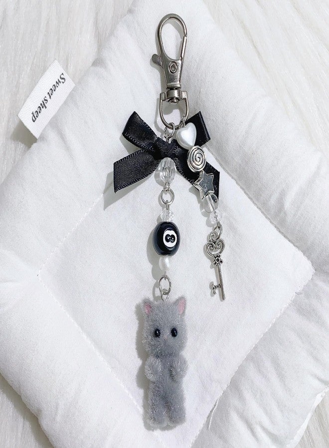Thalireth Y2k Cute Bow Kitty Keychains Fuzzy Cat Bag Charms Kawaii Aesthetic Heart Key Pendant For Tote Bags Backpack Purse (Grey) - Image 2